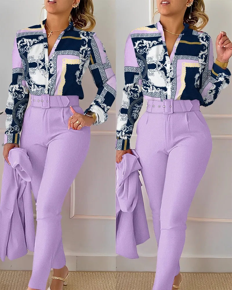 Elegant Women Shirt Two Piece Set Suits Fall New Fashion Print Long Sleeve Top Black Pants Set With Belt Blouses Female Clothing