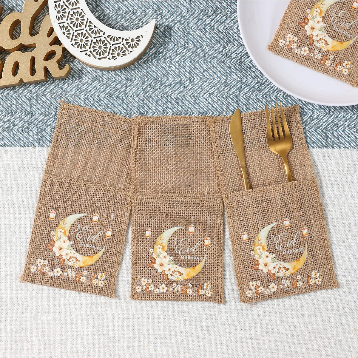 Eid Mubarak Moon Star Knife Fork Bag Ramadan Kareem Decorations For Home 2025 Islamic Muslim Party Supplies Burlap Tableware Bag