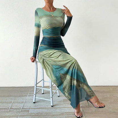 Tie Dye Green Mesh Corset Dress Summer  Womens Dresses Bodycon Long Sleeve Dress Print Maxi Ruched See Through Female Dress