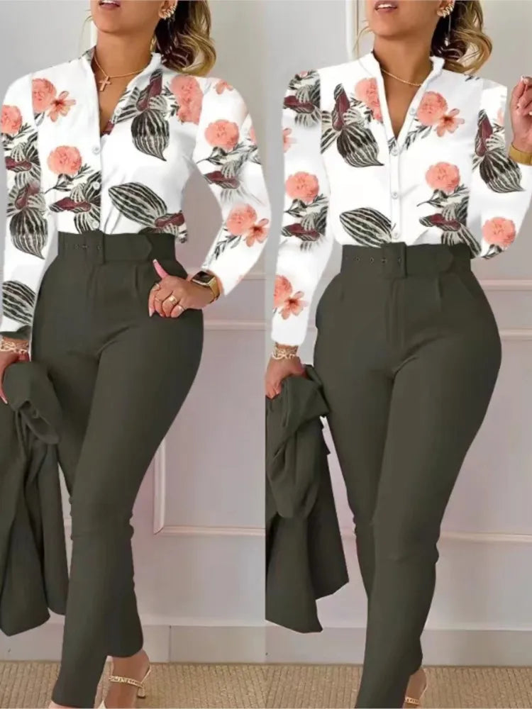 Elegant Women Shirt Two Piece Set Suits Fall New Fashion Print Long Sleeve Top Black Pants Set With Belt Blouses Female Clothing