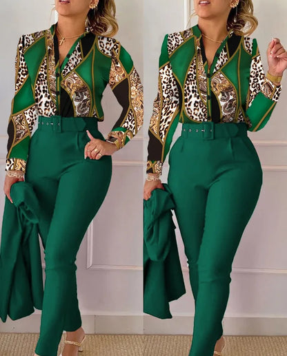 Elegant Women Shirt Two Piece Set Suits Fall New Fashion Print Long Sleeve Top Black Pants Set With Belt Blouses Female Clothing