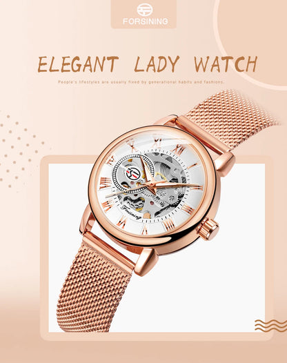 Fashion Montre Femme Forsining Women's Watch Rose Gold Stailess Steel Case Skeleton Womens Mechanical Hand Wind Ladies Wrist