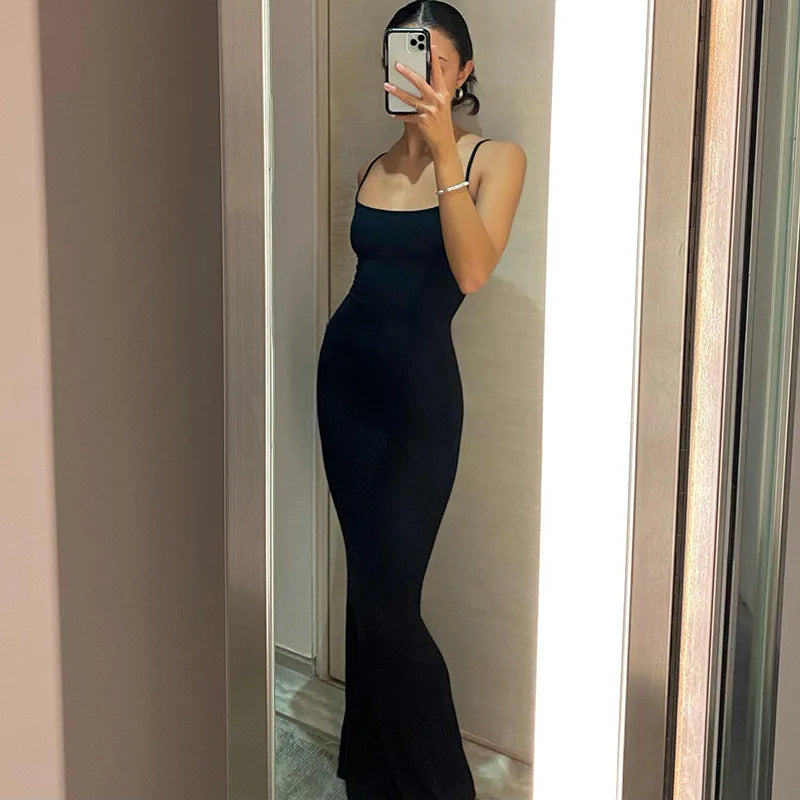 2024 Autumn Dresses For Women Sexy Spaghetti Strap Black Long Sleeve Y2k Summer Sleeveless Solid Skinny Bodycon Maxi Vestidos