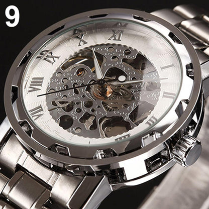 Men Skeleton Roman Numerals Hollow Dial Stainless Steel Band Mechanical Watch Hand-winding Vintage Roman Numeral Steampunk Watch