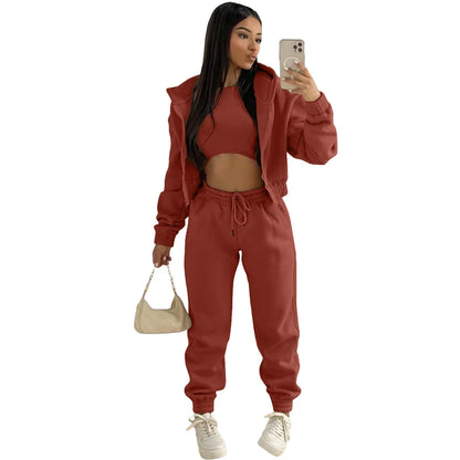 3pcs Women's Clothing Set Fleece-lined Hooded Sweater &Sleeveless Tank Top & Sports Sweatpants Pants