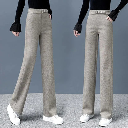 Women Casual Woolen Baggy Wide Leg Pants Korean Fashion Elastic High Waist Straight Pantalones Formal Loose Calcas Feminina 2024