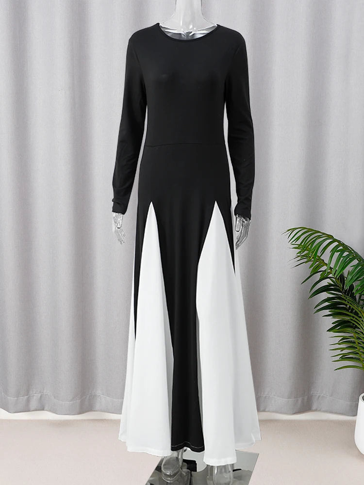 Elegant Contrasting Women Maxi Dress Fashion O-neck Long Sleeve Pleated Slim A-line Dresses Summer Lady Party Evening Robes 2024