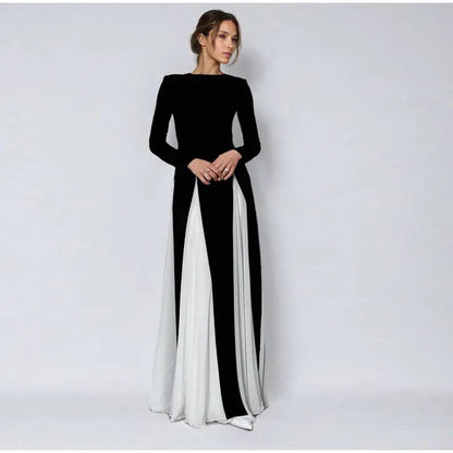 Elegant Contrasting Women Maxi Dress Fashion O-neck Long Sleeve Pleated Slim A-line Dresses Summer Lady Party Evening Robes 2024