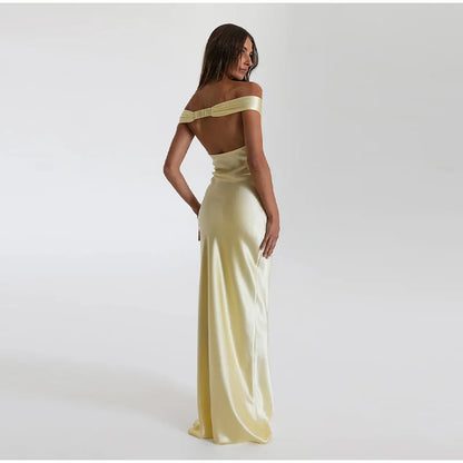 Elegant Satin Backless Party Maxi Dress For Women Fashion Off Shoulder Sleeveless Slim Long Robe 2024 New Lady Chic Evening Gown