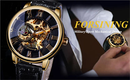 Forsining 99S Luxury Automatic Classic Transparent Mechanical Leather Strap Golden Bridge Skeleton hot selling Men Watch Clock