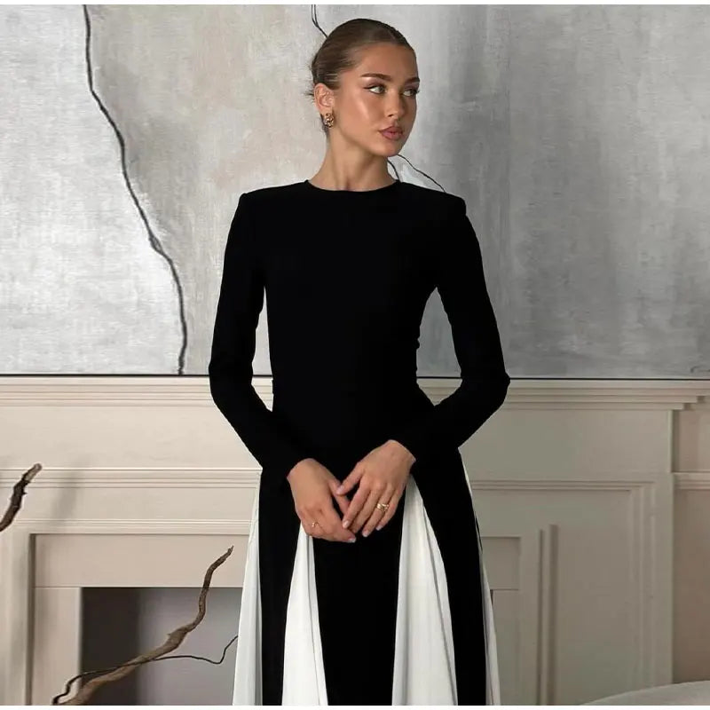 Elegant Contrasting Women Maxi Dress Fashion O-neck Long Sleeve Pleated Slim A-line Dresses Summer Lady Party Evening Robes 2024