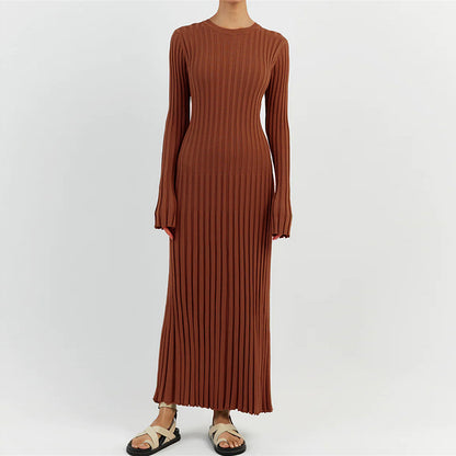 90s Vintage Tie Waist Dress Women Elegant Ribbed Knit Full Sleeve Maxi Dress Crew Neck Bodycon Pencil Long Dress Streetwear