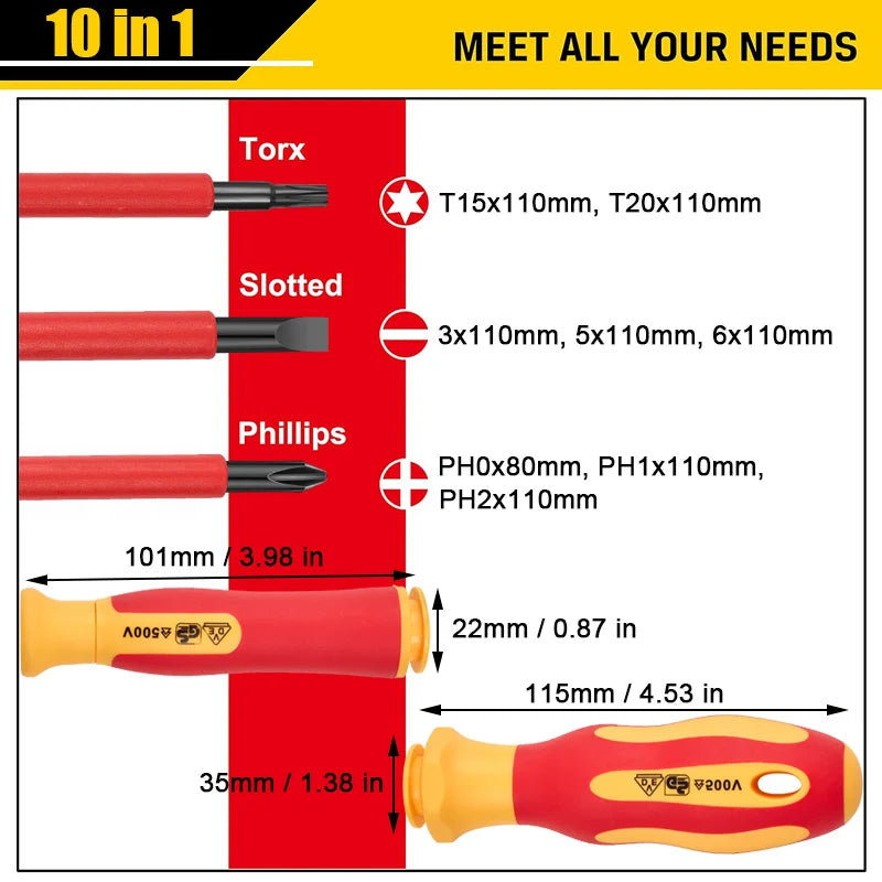 10Pcs Interchangeable Blade VDE Insulated Screwdriver Set with Case Magnetic 500V Home and Professional Use Electricians Tools