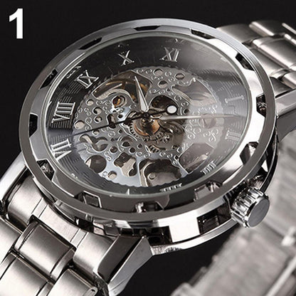 Men Skeleton Roman Numerals Hollow Dial Stainless Steel Band Mechanical Watch Hand-winding Vintage Roman Numeral Steampunk Watch