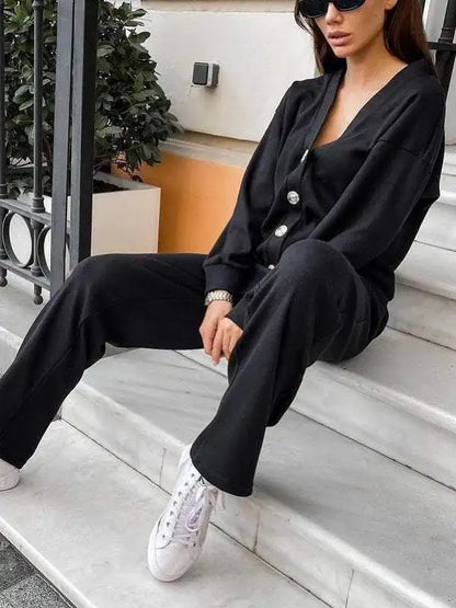 Autumn Winter Women's Clothing Fashion Single Breasted Casual Sports Suit Cardigan Top Lace Up Pants Two-piece Set Women