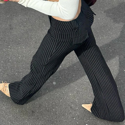 HEYounGIRL High Street Women Straight Suit Pants Vintage Slim Low Waist Black Casual Trousers Office Lady Fashion Pants 2024 New