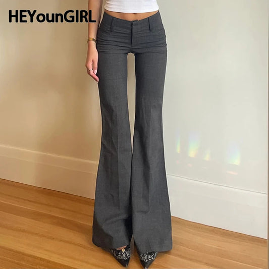 HEYounGIRL Low Waisted Straight Casual Suit Flare Pants Gray Skinny Fashion High Street Lady Boot Cut Trousers Vintage Y2K