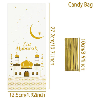 25/50/100Pcs EID Mubarak Gift Cookie Bags With Strap Candy Baking Packaging Bag 2025 Ramadan Decor Muslim Islamic Party Supplies