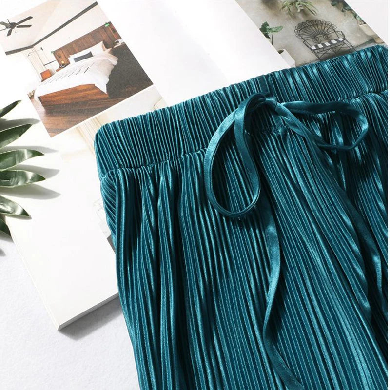 Women Fashion Summer Wide Leg Pants Pleated Ice Silk Trousers Elastic Waist Loose Casual Pants