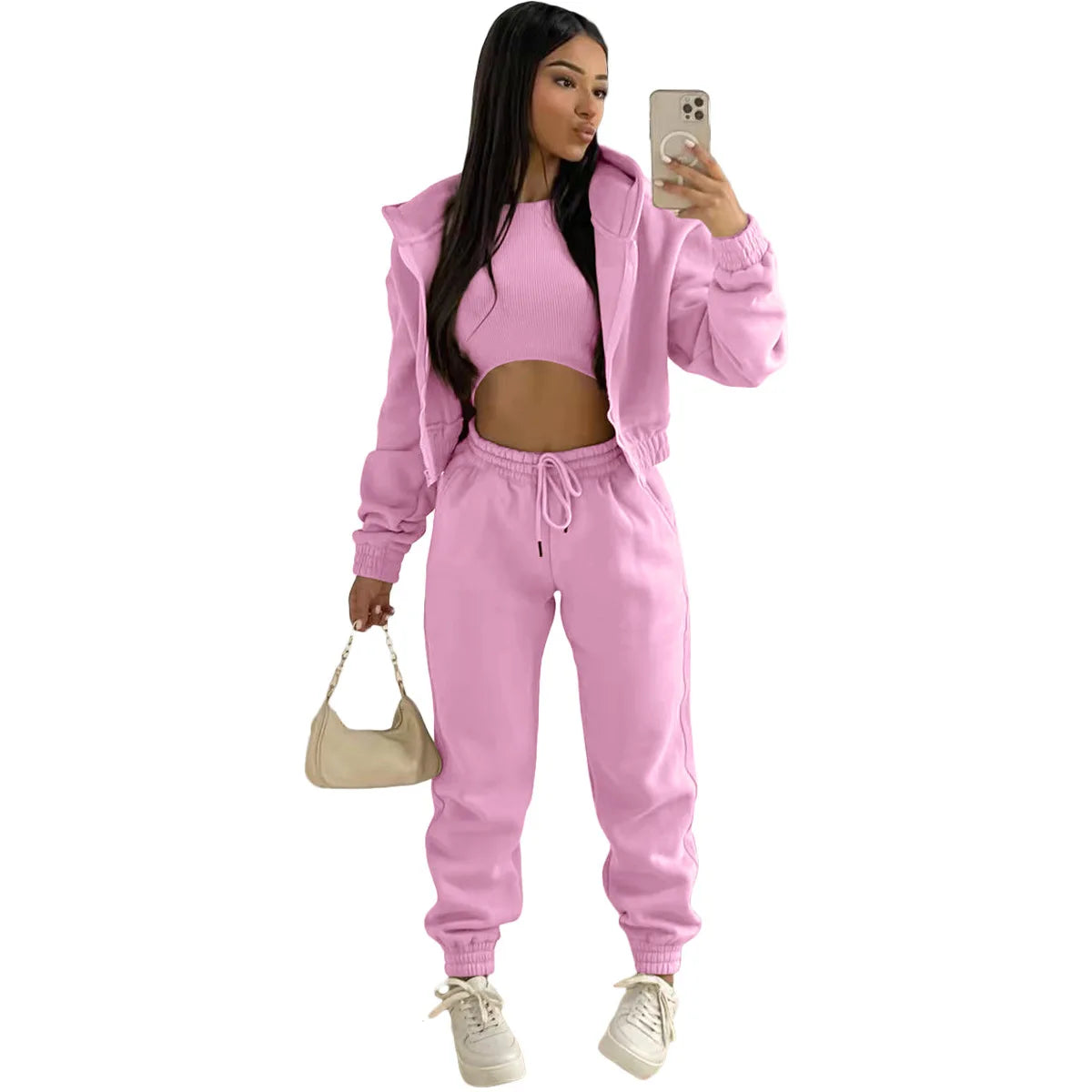 3pcs Women's Clothing Set Fleece-lined Hooded Sweater &Sleeveless Tank Top & Sports Sweatpants Pants