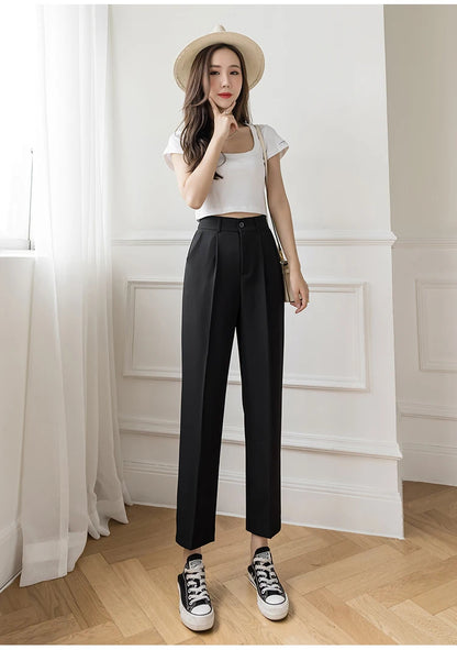 Fall Spring Black Suit Haren Pants Women Fashion Elastic High Waist Casual Trousers Woman Korean Style Solid Office Pant 2023