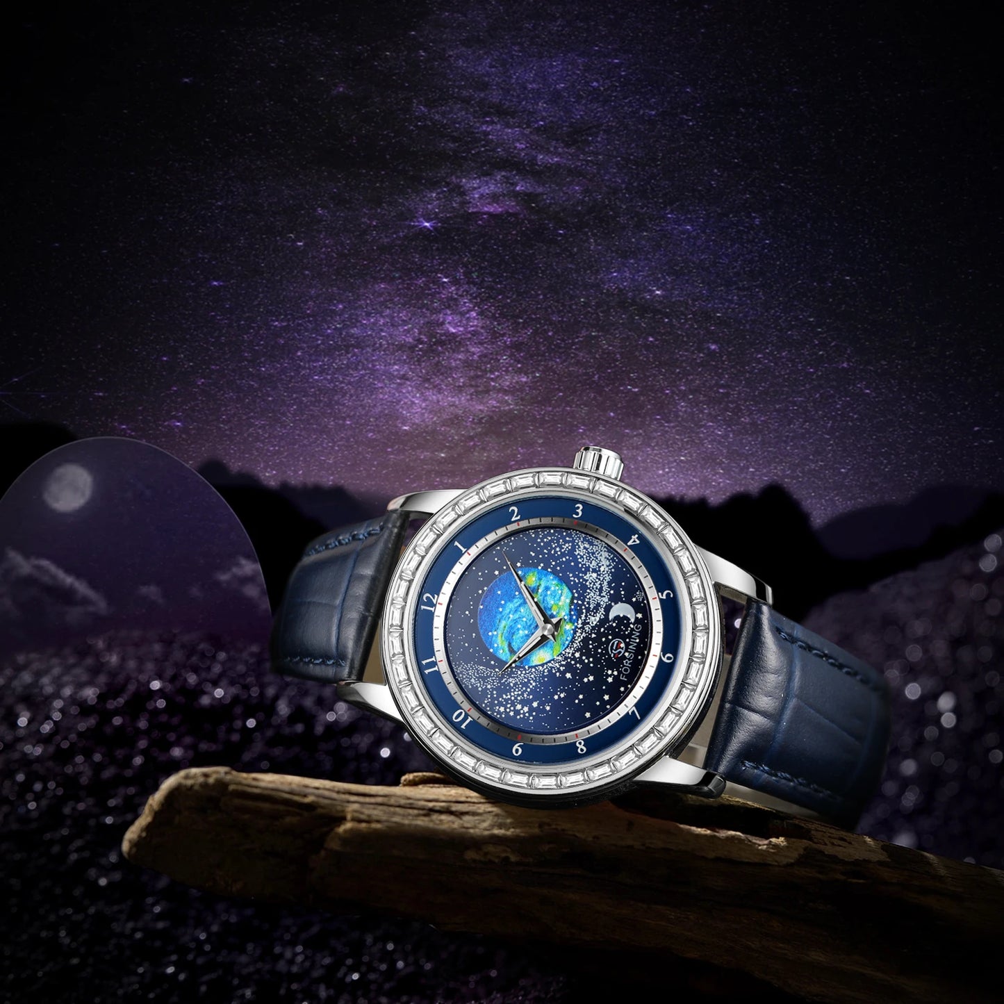 FORSINING Watch for Men Original Diamond Rotational Starry Sky Moon Phase Automatic Mechanical Leather Strap Men's Watch Reloj