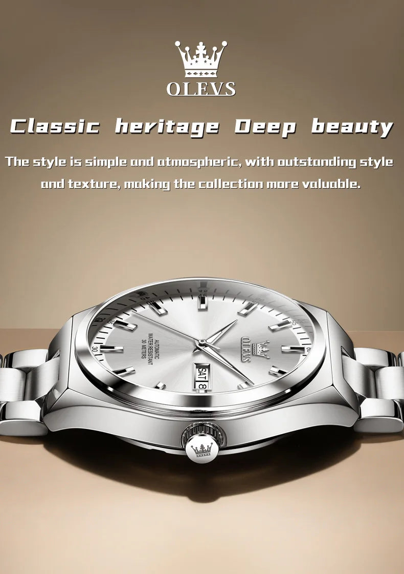 OLEVS Automatic Mechanical Wristwatch for Men Stainless Steel Classic Dual Calendar Business Man Watch Luxury Brand Men's Watch