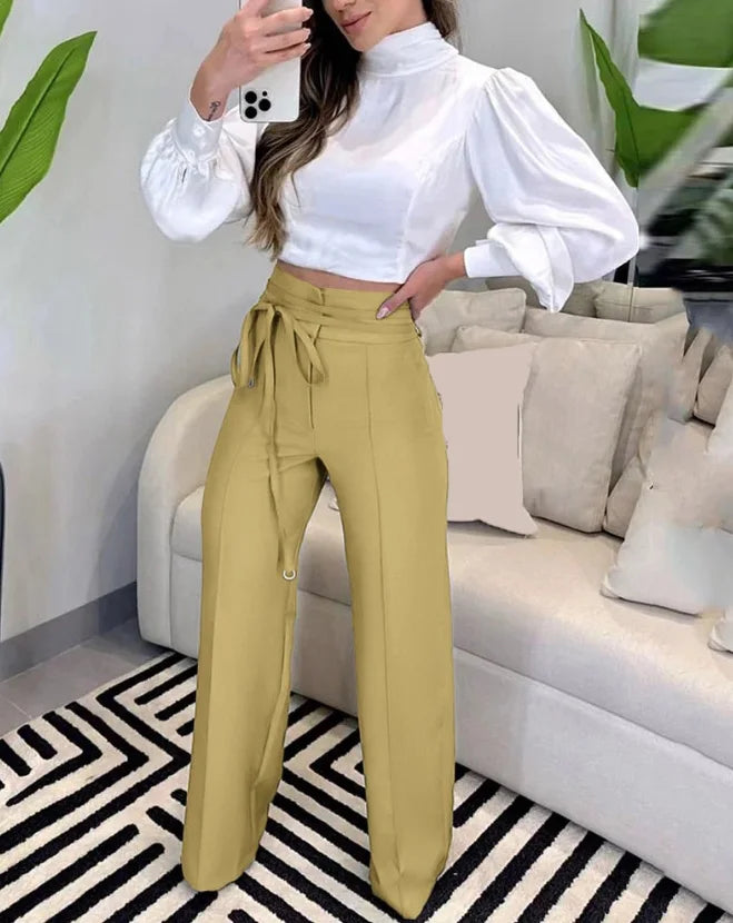 Women's Pants 2023 Spring Fashion Tied Detail Straight Leg Elegant Plain High Waist Long Work Pants Office Lady