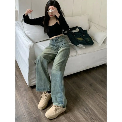 Deeptown Y2k Baggy Wide Leg Jeans Women Vintage Streetwear Washed Denim Pants Grunge Basic Slouchy Blue Trousers Femme Autumn