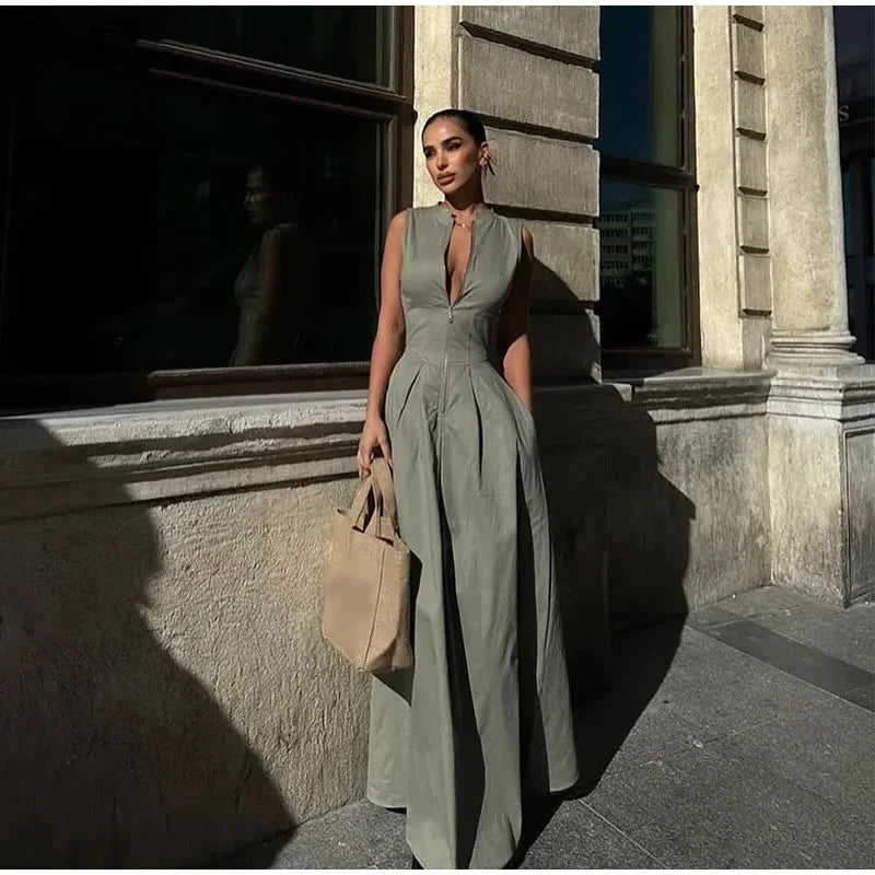 Fashion Sleeveless Spliced Zipper Maxi Dress Elegant V-neck High Waist Slim Pleated Long Dresses Summer Office Lady Street Robes