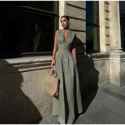 Fashion Sleeveless Spliced Zipper Maxi Dress Elegant V-neck High Waist Slim Pleated Long Dresses Summer Office Lady Street Robes