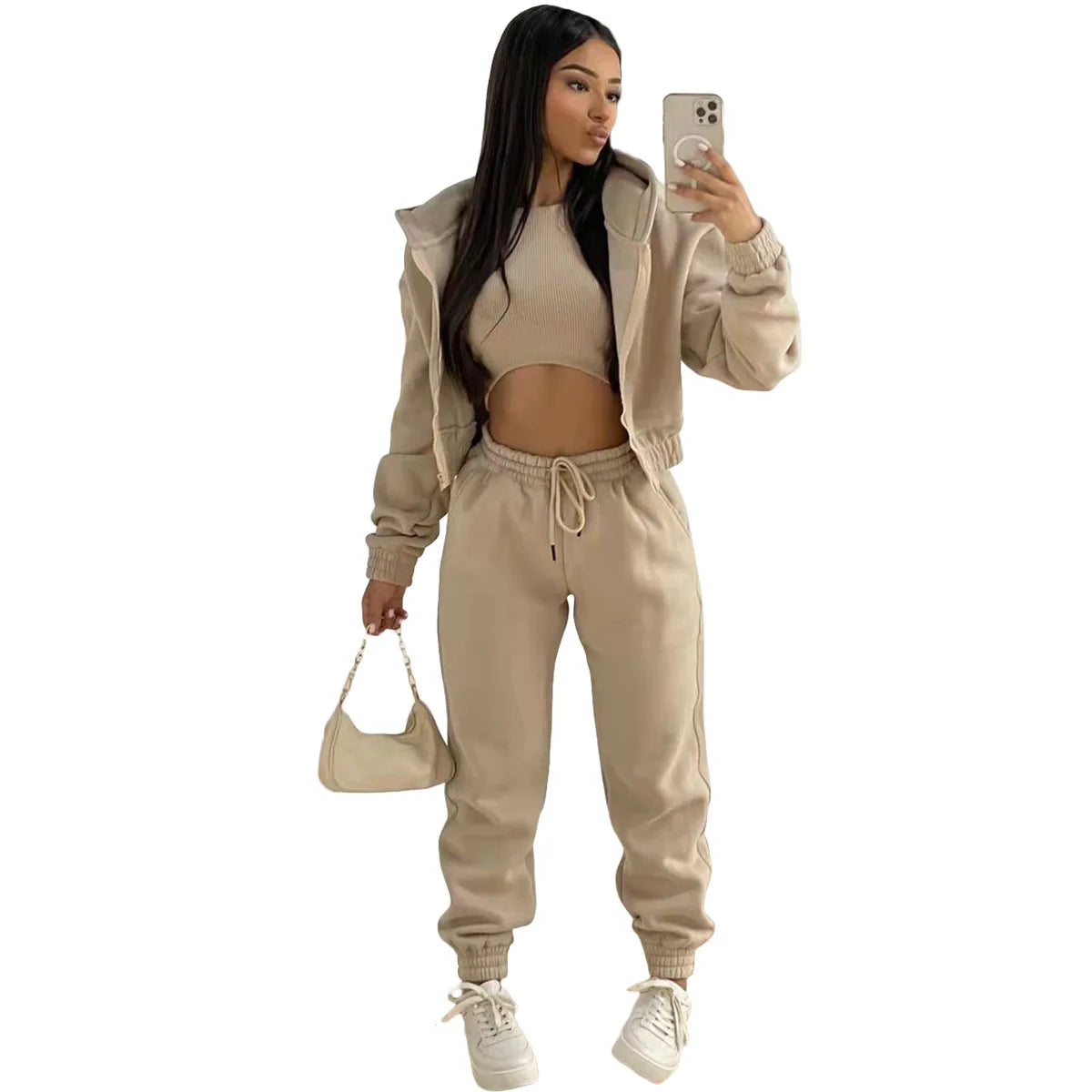 3pcs Women's Clothing Set Fleece-lined Hooded Sweater &Sleeveless Tank Top & Sports Sweatpants Pants