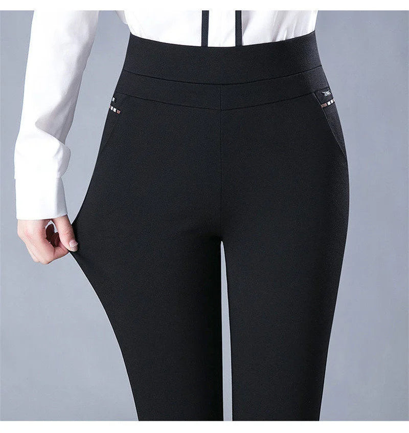 Spring Winter Elegant High Waist Casual Stretch Slim Middle Aged Women Trousers Ladies Fashion All Match Black Gray Pencil Pants