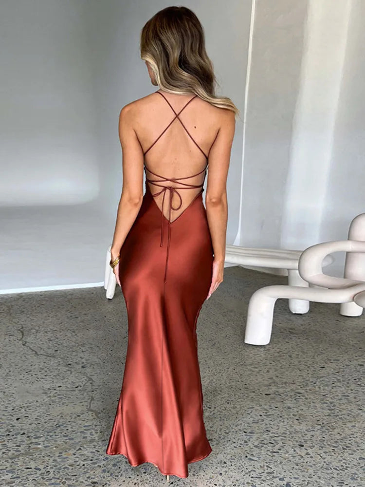 Mozision Satin Backless Maxi Dress For Women 2022 Autumn New Spaghetti Strap Sleeveless Bodycon Long Dress Vestido Clubwear