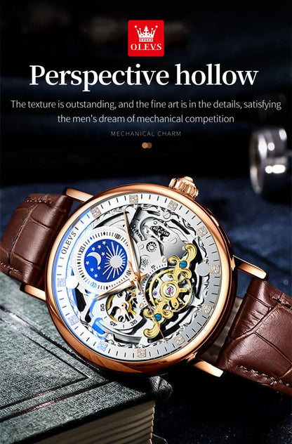 OLEVS Moon Phase Mechanical Watch Men with Dual Time Zone Display Waterproof Automatic Skeleton Mens Watches Top Brand Luxury