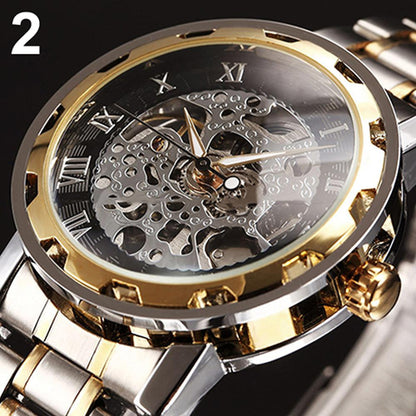 Men Skeleton Roman Numerals Hollow Dial Stainless Steel Band Mechanical Watch Hand-winding Vintage Roman Numeral Steampunk Watch