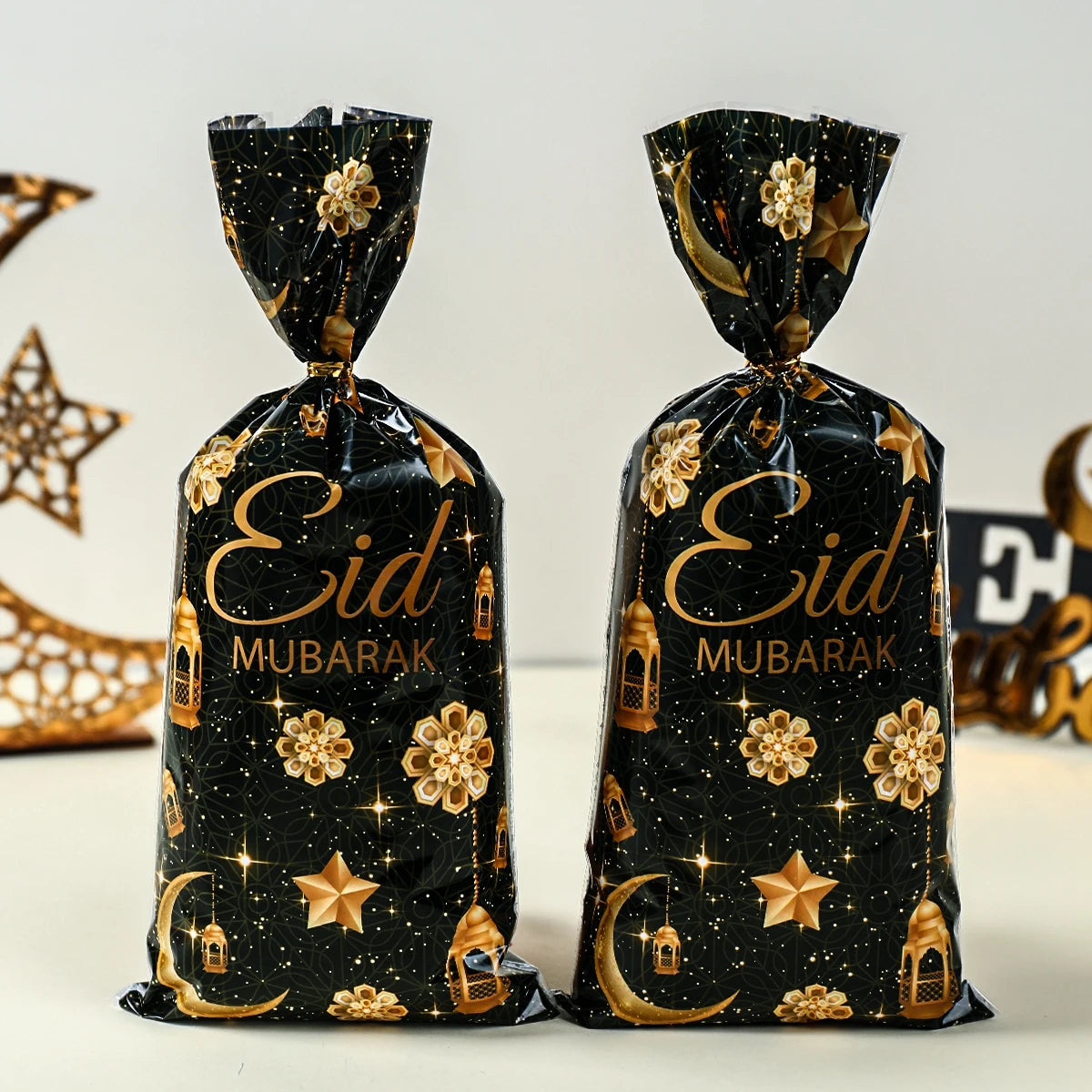 25/50/100Pcs EID Mubarak Gift Cookie Bags With Strap Candy Baking Packaging Bag 2025 Ramadan Decor Muslim Islamic Party Supplies