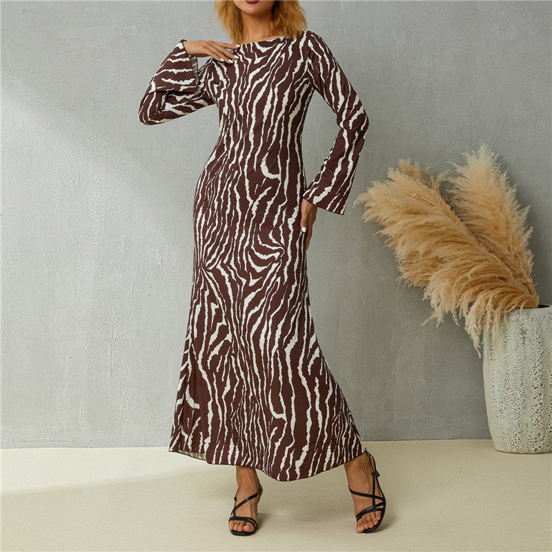 Women Leisure Style Zebra Print Long Dress Retro Casual Long Sleeve Flared Cuff Round Collar Slim Fit Summer Dresses Vintage 70s