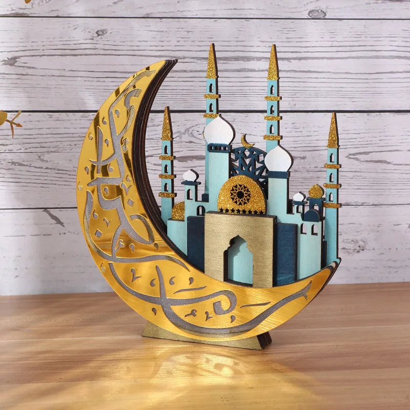 EID Mubarak LED Light Wooden Moon Mosque Table Ornaments Ramadan Decor Night Lights 2025 Islam Muslim Party Decoration Supplies