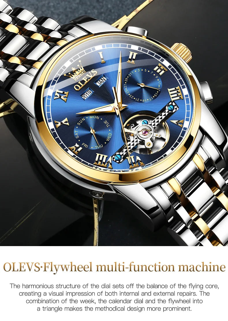 OLEVS Top Brand Men's Watches waterproof Fully Automatic Mechanical Watch Calendar Week Hollow Out Luminous Male Wristwatch