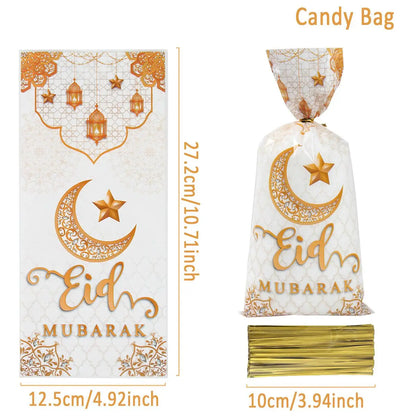 25/50/100Pcs EID Mubarak Gift Cookie Bags With Strap Candy Baking Packaging Bag 2025 Ramadan Decor Muslim Islamic Party Supplies