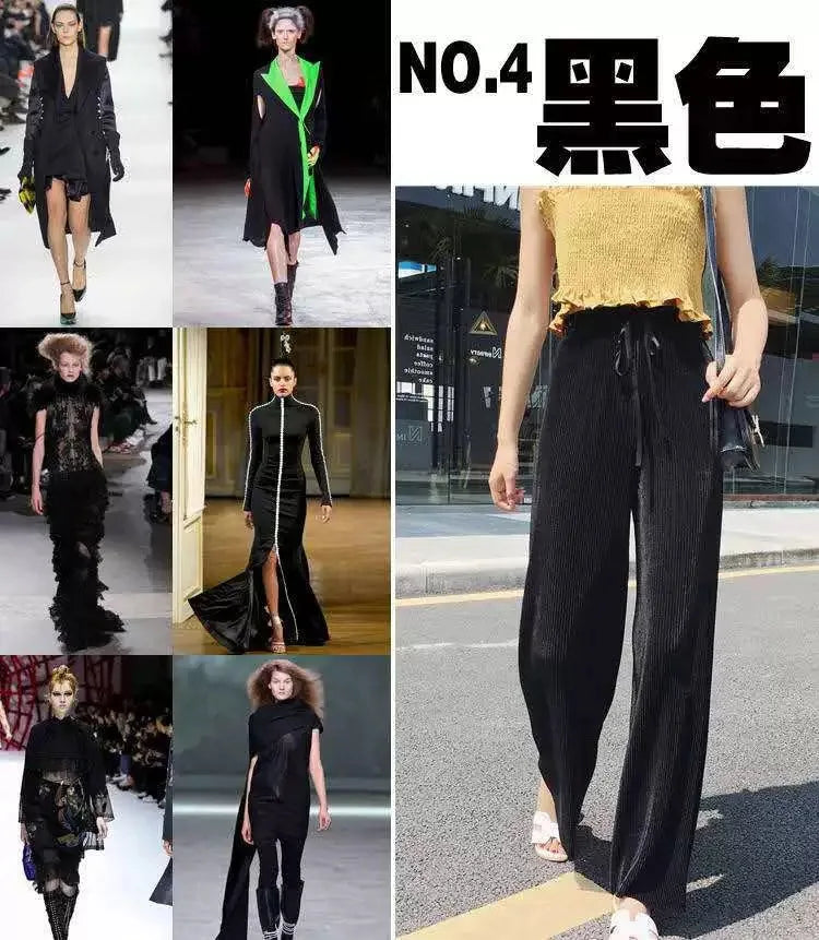 Women Fashion Summer Wide Leg Pants Pleated Ice Silk Trousers Elastic Waist Loose Casual Pants