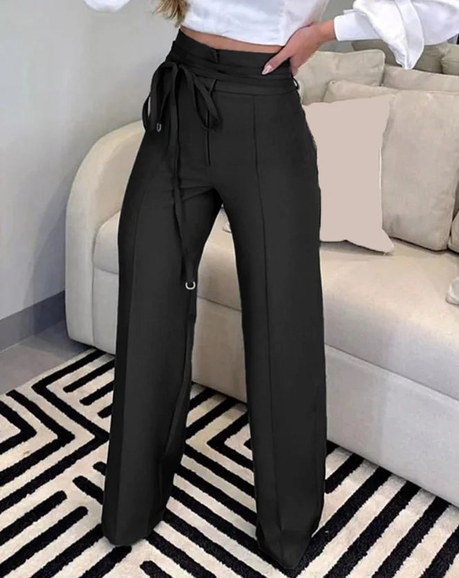 Women's Pants 2023 Spring Fashion Tied Detail Straight Leg Elegant Plain High Waist Long Work Pants Office Lady