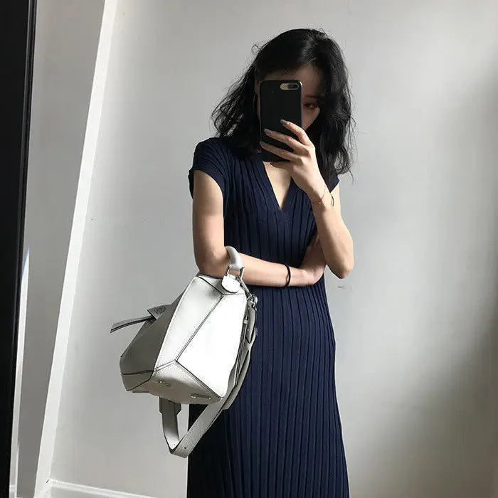 Spring Summer Casual Harajuku Sweater Dress Women Solid Loose V-neck Side Slit Ribbed Knit Long Dresses Party Vestido Feminino