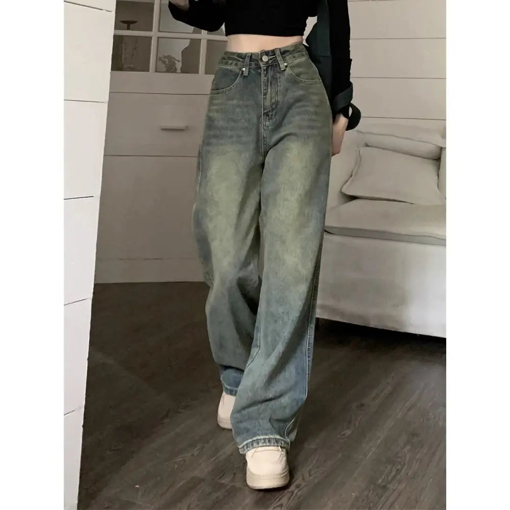 Deeptown Y2k Baggy Wide Leg Jeans Women Vintage Streetwear Washed Denim Pants Grunge Basic Slouchy Blue Trousers Femme Autumn