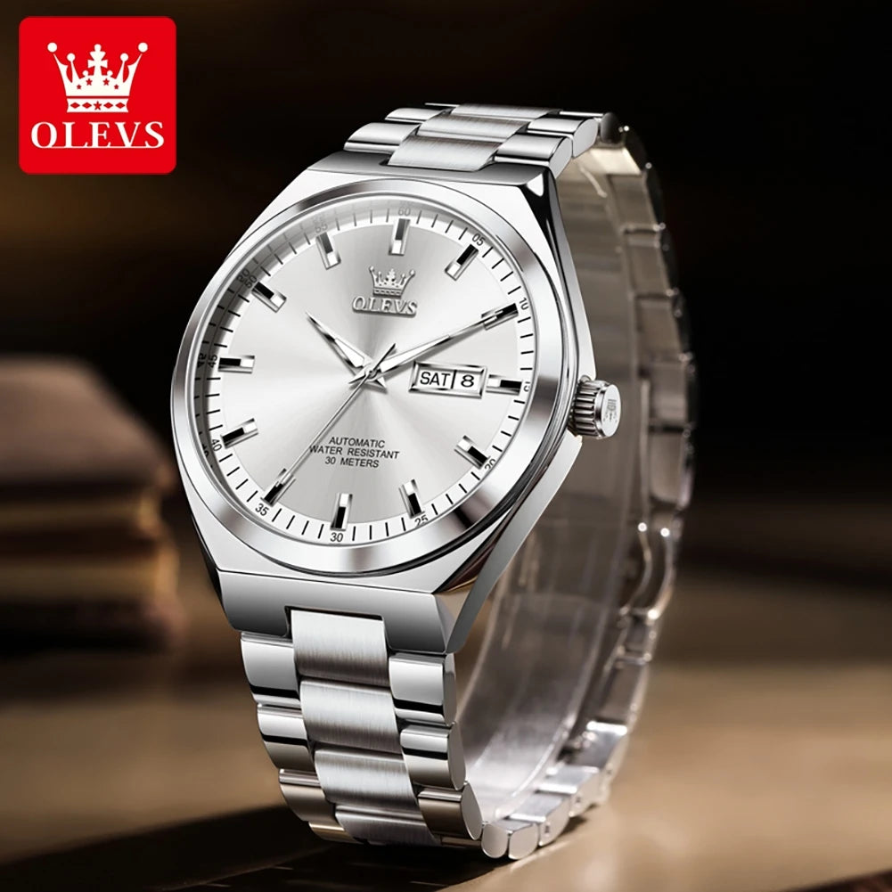 OLEVS Automatic Mechanical Wristwatch for Men Stainless Steel Classic Dual Calendar Business Man Watch Luxury Brand Men's Watch