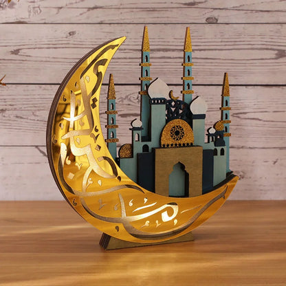 EID Mubarak LED Light Wooden Moon Mosque Table Ornaments Ramadan Decor Night Lights 2025 Islam Muslim Party Decoration Supplies