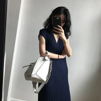 Spring Summer Casual Harajuku Sweater Dress Women Solid Loose V-neck Side Slit Ribbed Knit Long Dresses Party Vestido Feminino