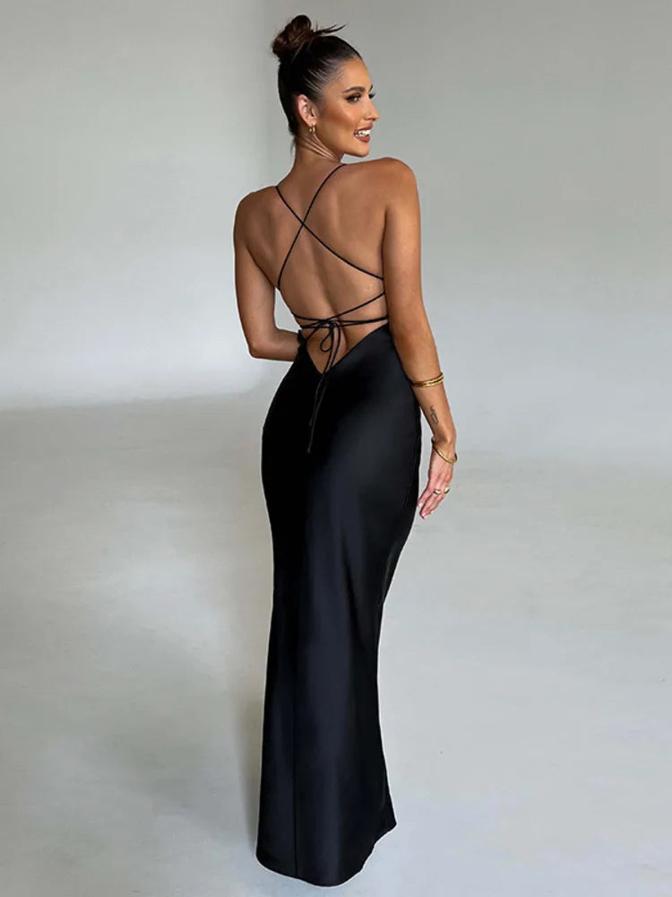 Mozision Satin Backless Maxi Dress For Women 2022 Autumn New Spaghetti Strap Sleeveless Bodycon Long Dress Vestido Clubwear