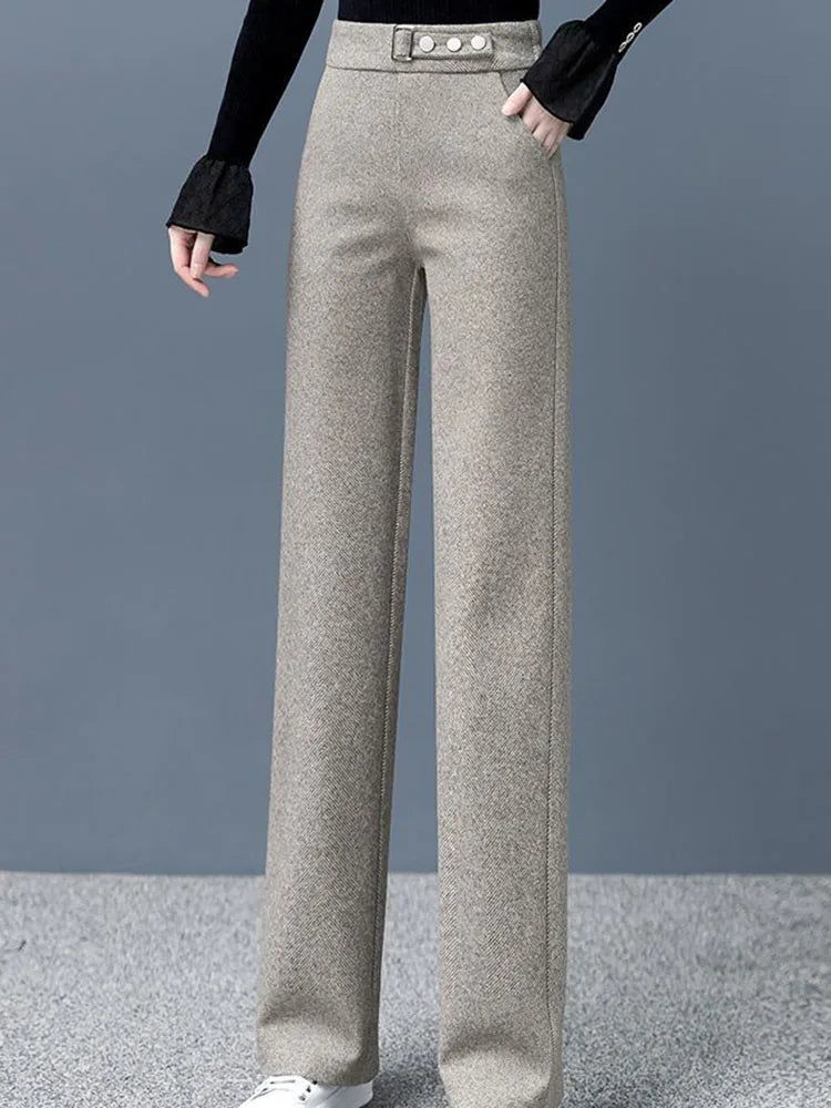 Women Casual Woolen Baggy Wide Leg Pants Korean Fashion Elastic High Waist Straight Pantalones Formal Loose Calcas Feminina 2024